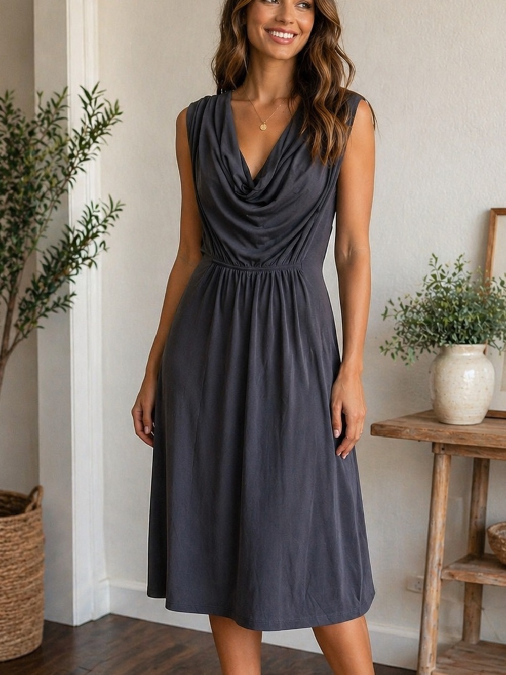 Maeve Sleeveless Cowl Neck Maxi Dress in Charcoal Gray